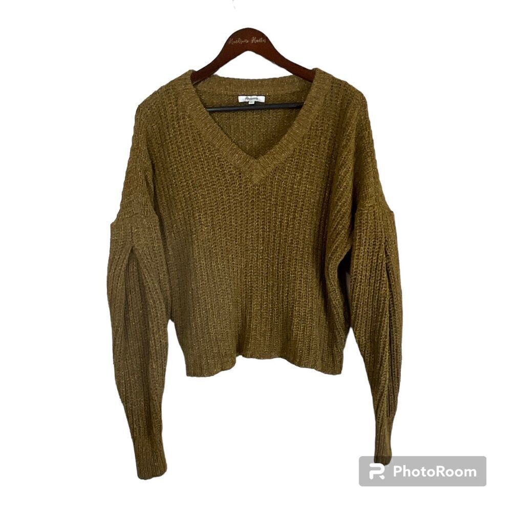 Madewell Chunky Camel Sz M Wool Blend Knit Sweater‎ Puff Sleeve Boxy Crop Top H2